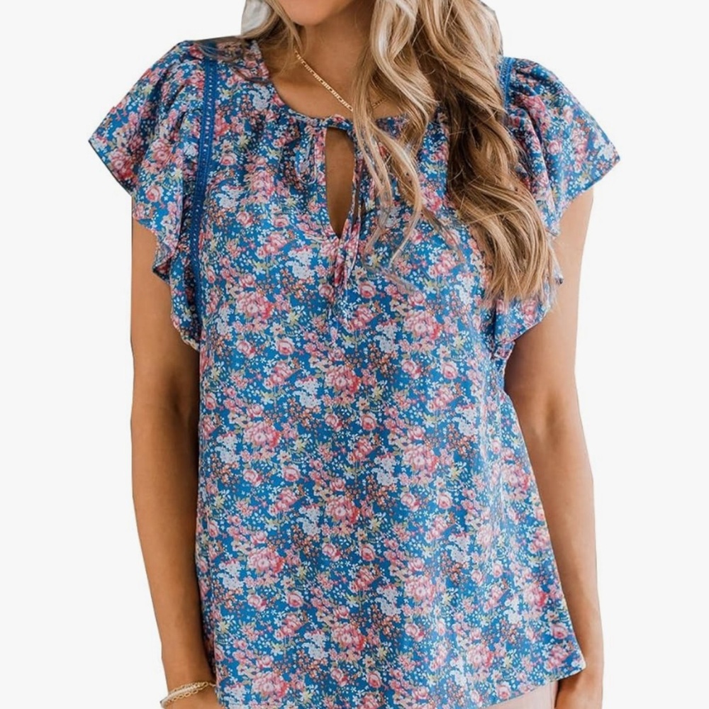 Floral Print Ruffle Sleeve Casual Boho VNeck Loose Fit Blouse New